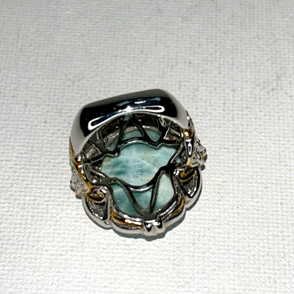 Gems en Vogue Sterling 18K Accent Genuine Larimar Blue Topaz Gemstone Ring Boho - Picture 7 of 12